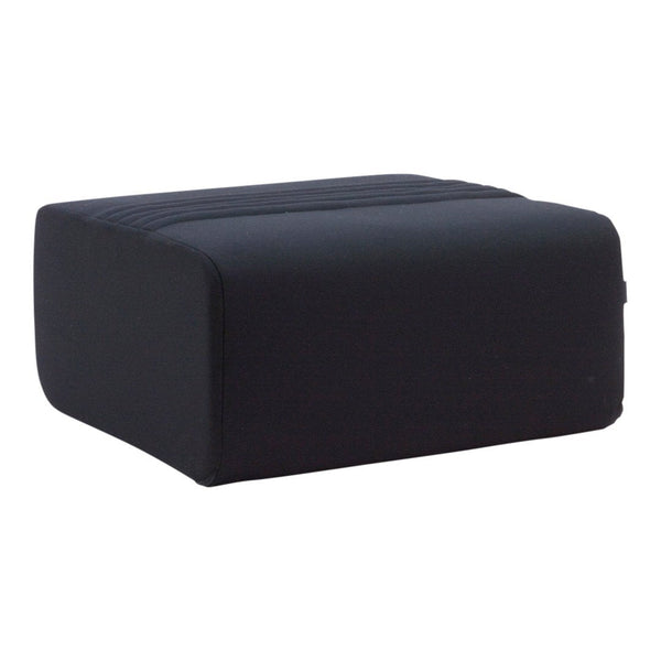 Black ottoman with a sleek, minimalist design and subtle vertical lines, perfect for modern decor.