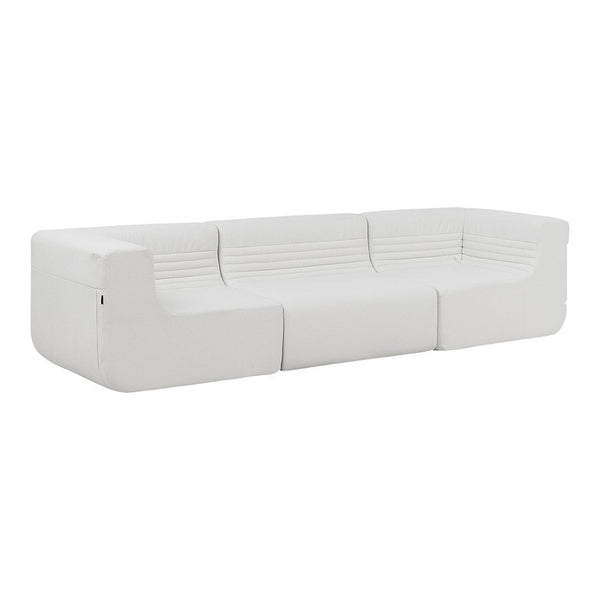 Modern white sofa with sleek lines and subtle horizontal ribbed pattern for a minimalist touch.