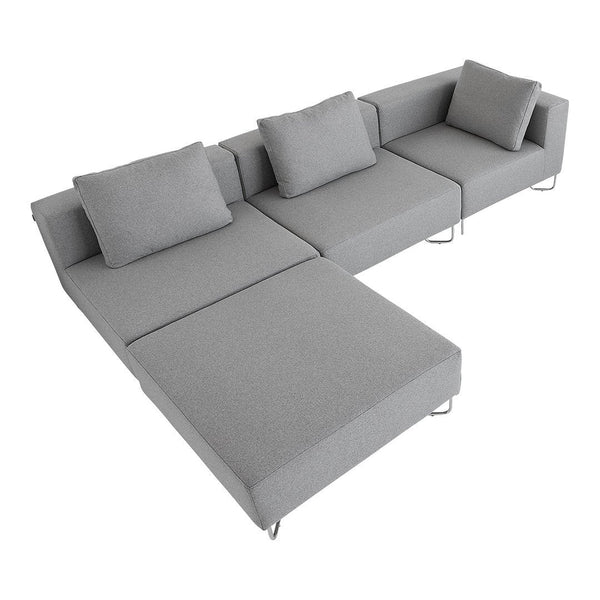 Gray sectional sofa with plush cushions and sleek design, featuring a modern fabric texture and minimalist aesthetic.