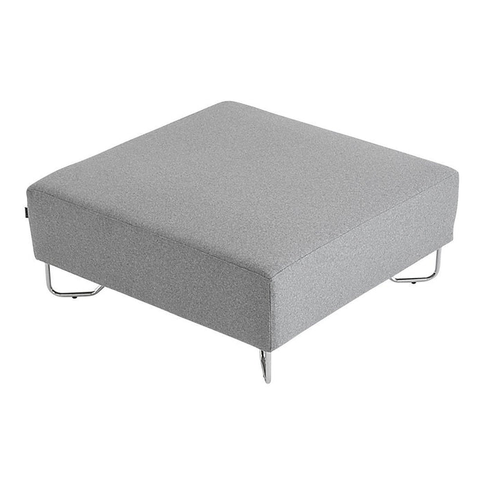 Gray square ottoman with a textured fabric surface and sleek metal legs. Ideal for modern decor.