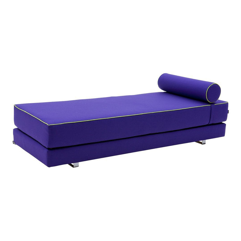 Purple mattress with a matching bolster pillow and contrasting yellow piping on a modern design.