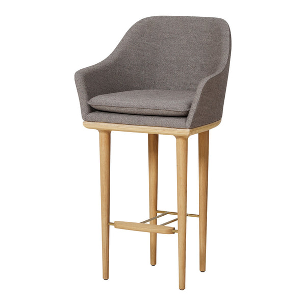 Gray upholstered bar stool with a minimalist design and natural wood legs. Perfect for modern spaces.
