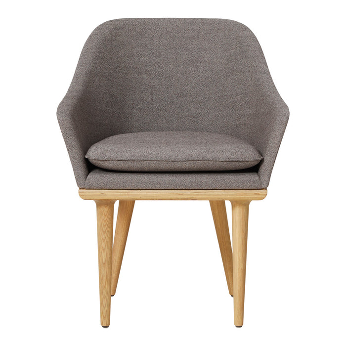 Gray upholstered chair with a smooth texture and light wooden legs, featuring a minimalist design and soft cushion.