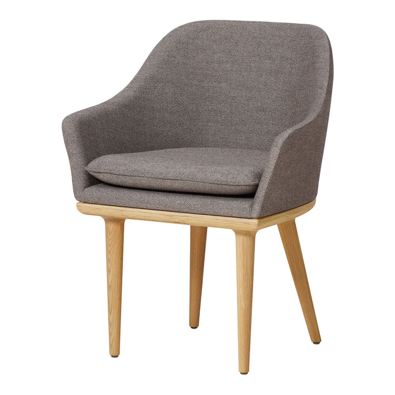 Gray upholstered armchair with a smooth, minimalist design and light wooden legs. Perfect for modern interiors.
