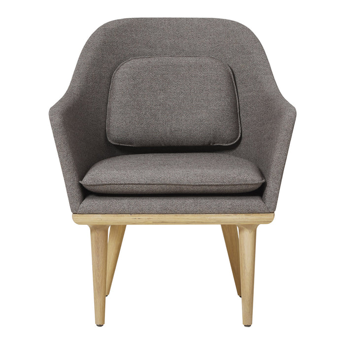 Stylish grey upholstered accent chair with a solid wood base and minimalist design, perfect for modern interiors.