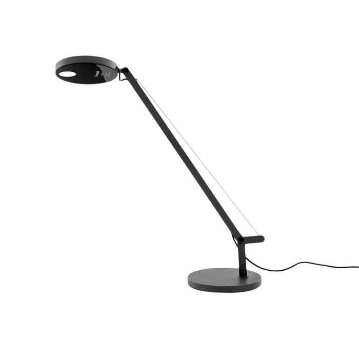 Sleek black desk lamp with a modern design and smooth finish, featuring a circular shade and minimalistic base.