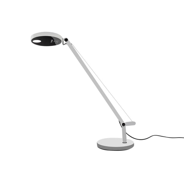 Sleek white desk lamp with a black circular light shade and a round base, showcasing minimalist design and modern aesthetics.