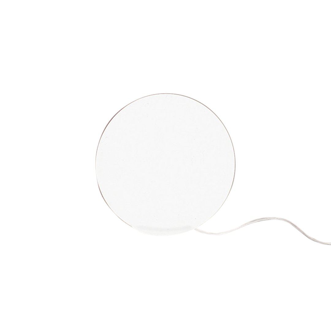 White circular lamp with a sleek design and minimalistic style, featuring a thin silver trim and a white cord.