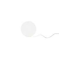 White circular pendant light with a smooth surface and a minimalist design, featuring a subtle hanging cord.