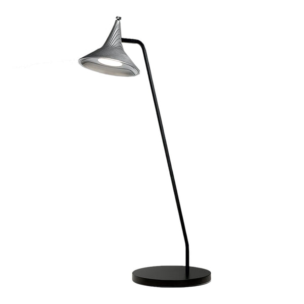 Sleek black floor lamp with a metallic silver cone shade and minimalist design. Perfect for modern interiors.