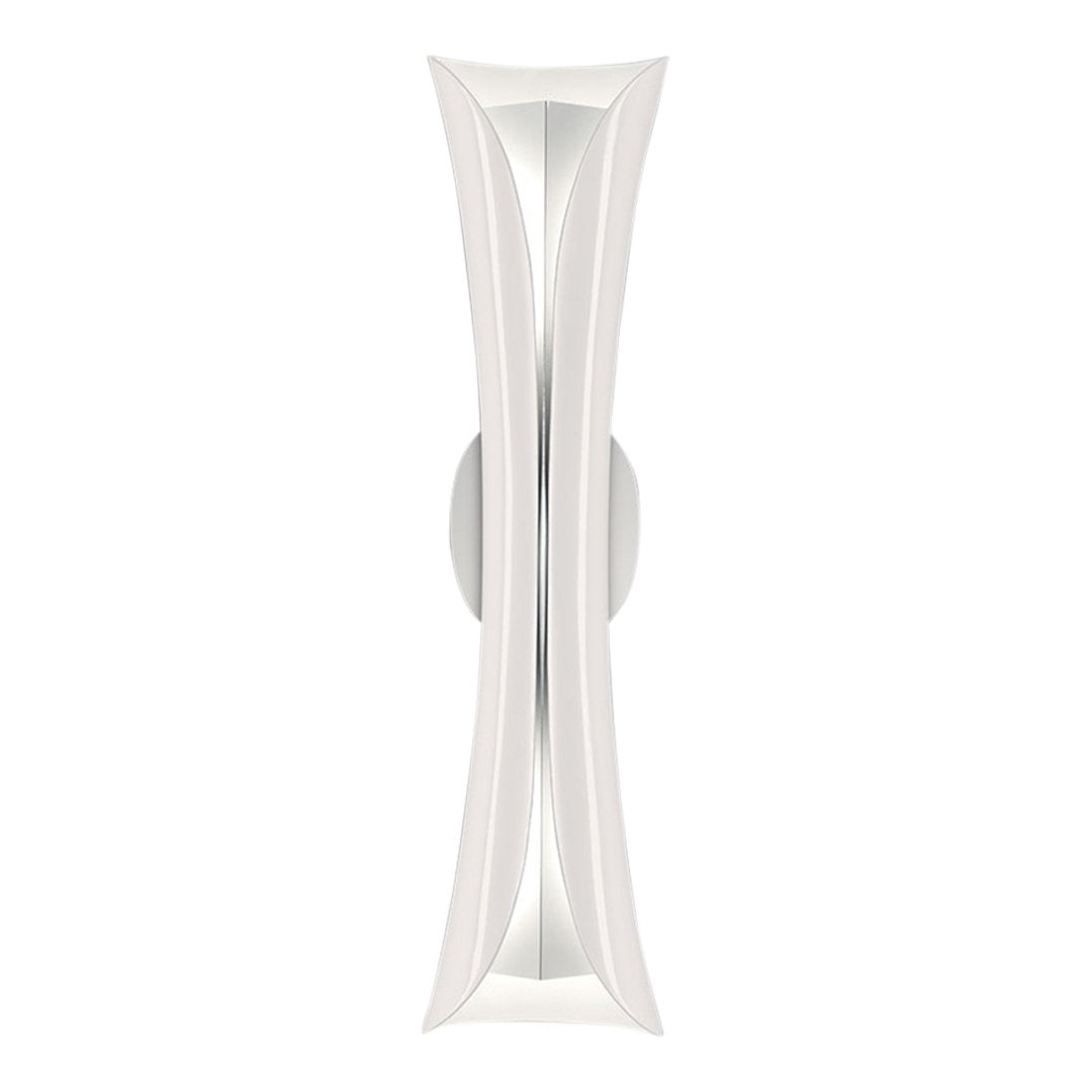 Elegant white wall sconce with a sleek, curved design and a polished silver mounting. Modern light fixture pattern.