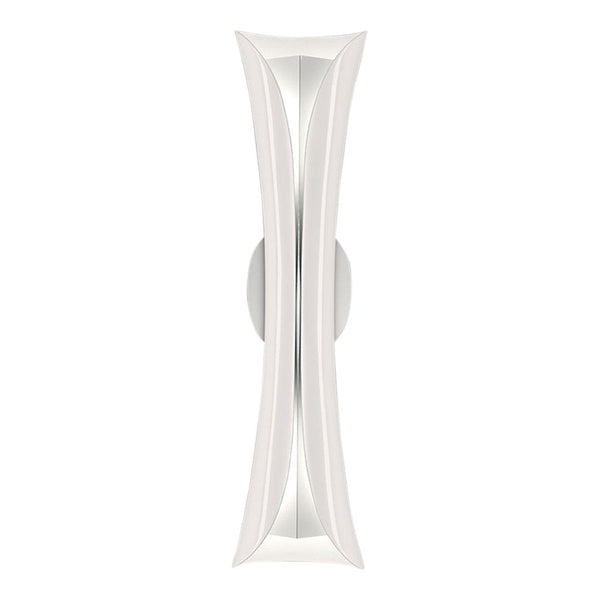 Elegant white wall sconce with a sleek, curved design and a polished silver mounting. Modern light fixture pattern.