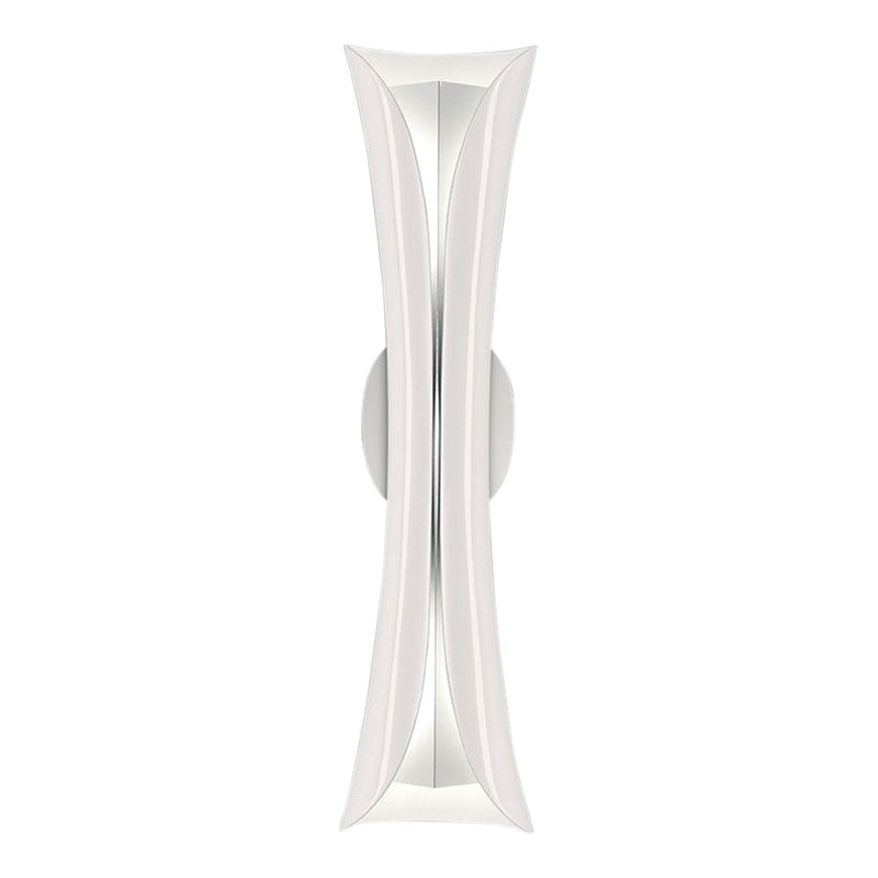 Elegant white wall sconce with a sleek, curved design and a polished silver mounting. Modern light fixture pattern.