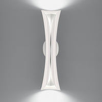 Sleek white wall light with modern curves and subtle shadow patterns against a grey background.