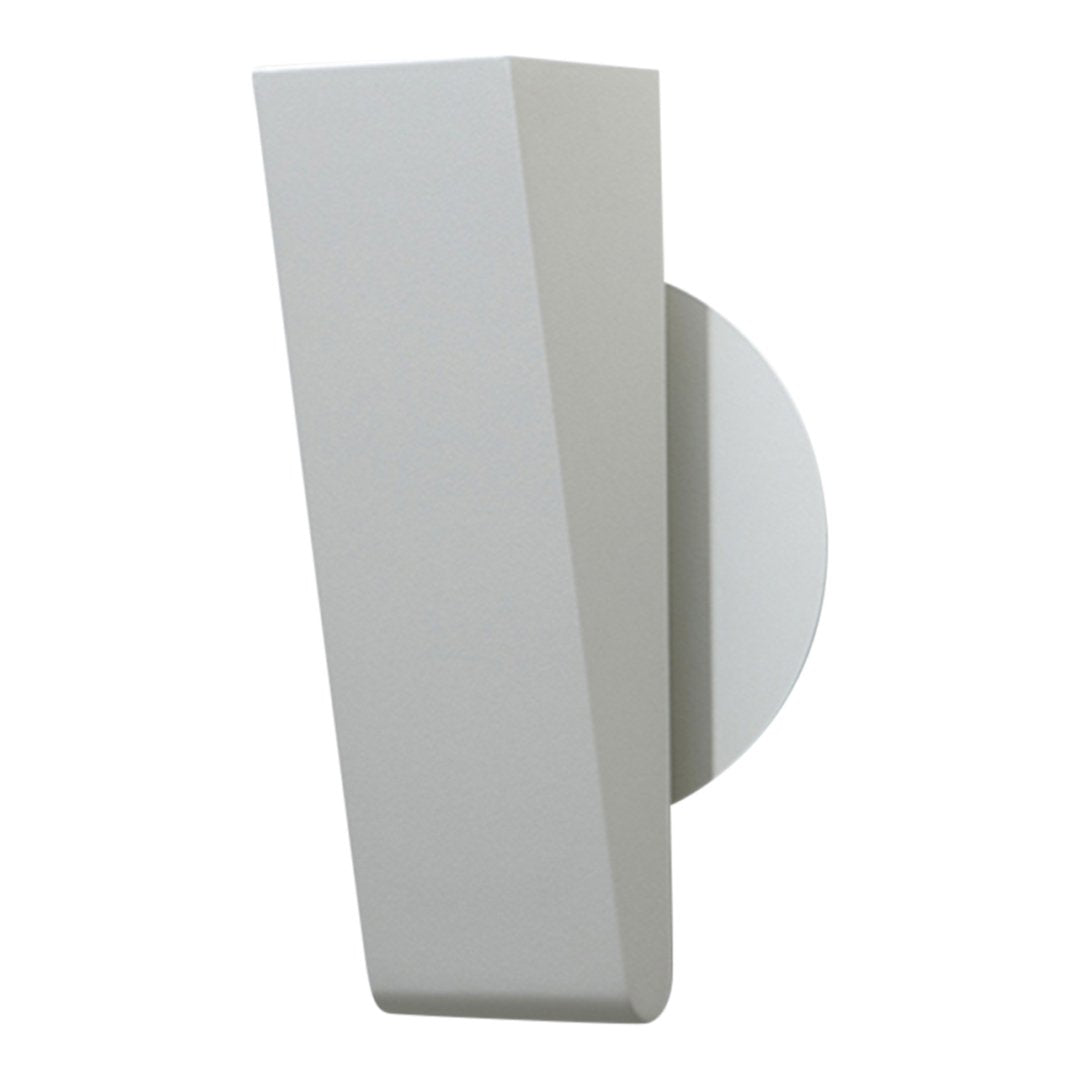 Modern white wall sconce with a geometric design featuring a sleek, angular shape and round backing.