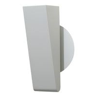 Modern white wall sconce with a geometric design featuring a sleek, angular shape and round backing.