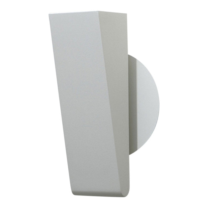 Modern white wall sconce with a geometric design featuring a sleek, angular shape and round backing.