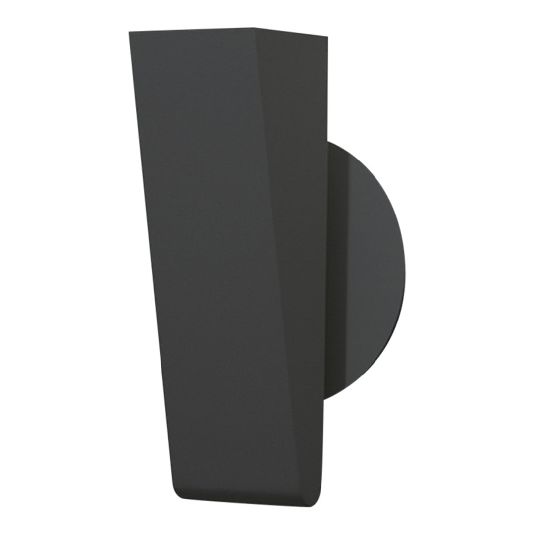 Sleek black wall sconce with a sharp geometric design, featuring a smooth matte finish and circular backplate.