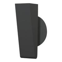 Sleek black wall sconce with a sharp geometric design, featuring a smooth matte finish and circular backplate.