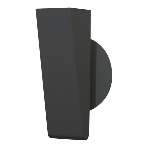 Sleek black wall sconce with a sharp geometric design, featuring a smooth matte finish and circular backplate.