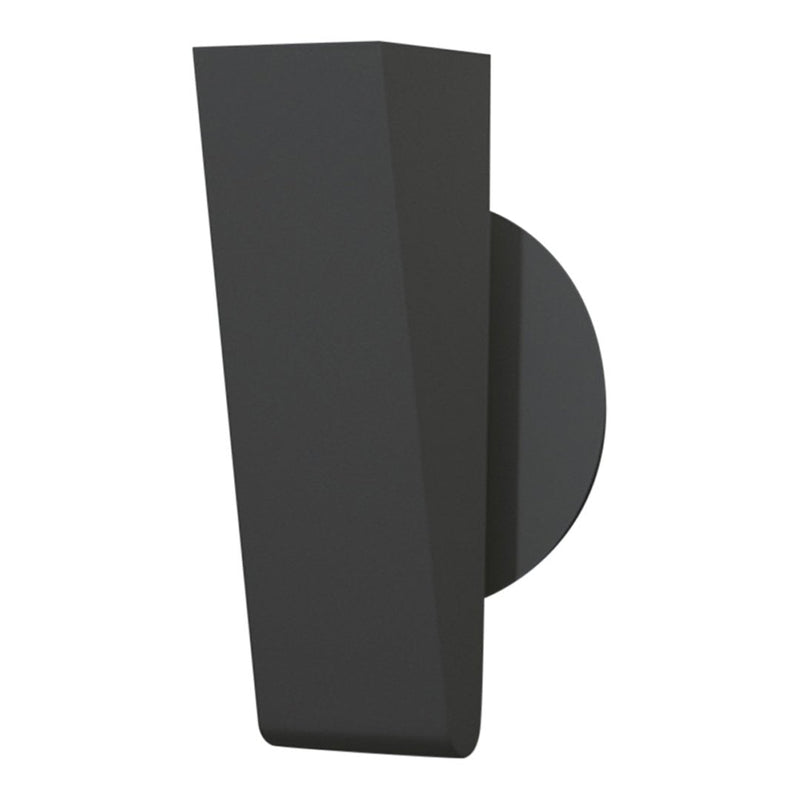 Sleek black wall sconce with a sharp geometric design, featuring a smooth matte finish and circular backplate.