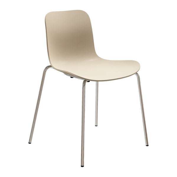 Beige chair with a smooth, curved seat and minimalist chrome legs, perfect for modern decor. Simple and stylish design.