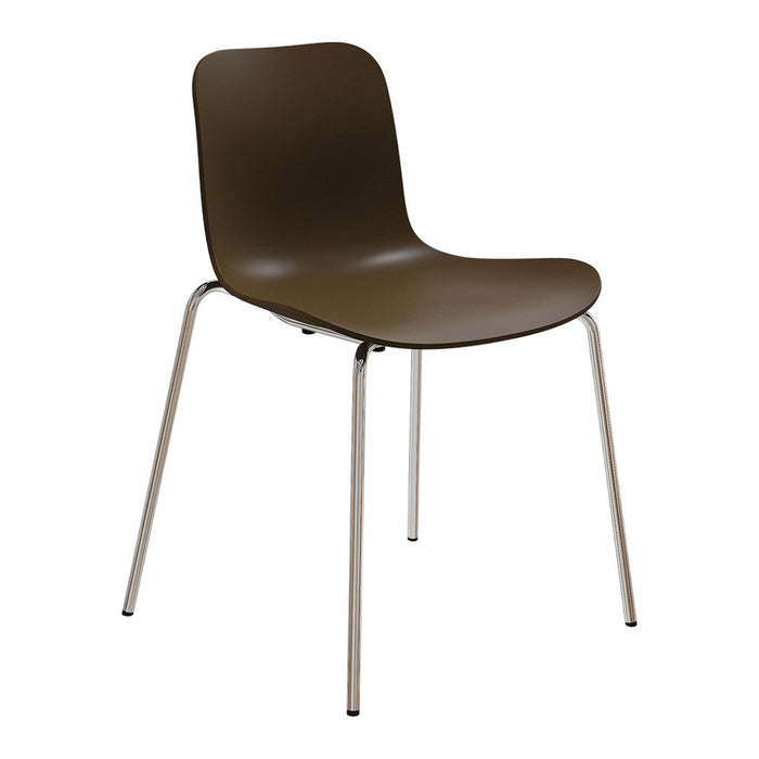 Brown plastic chair with a sleek, curved design and silver metal legs, perfect for modern decor.