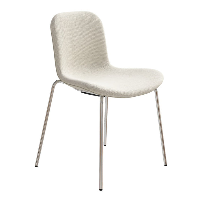 Stylish cream chair with a smooth, textured fabric and sleek metallic legs, perfect for modern decor.