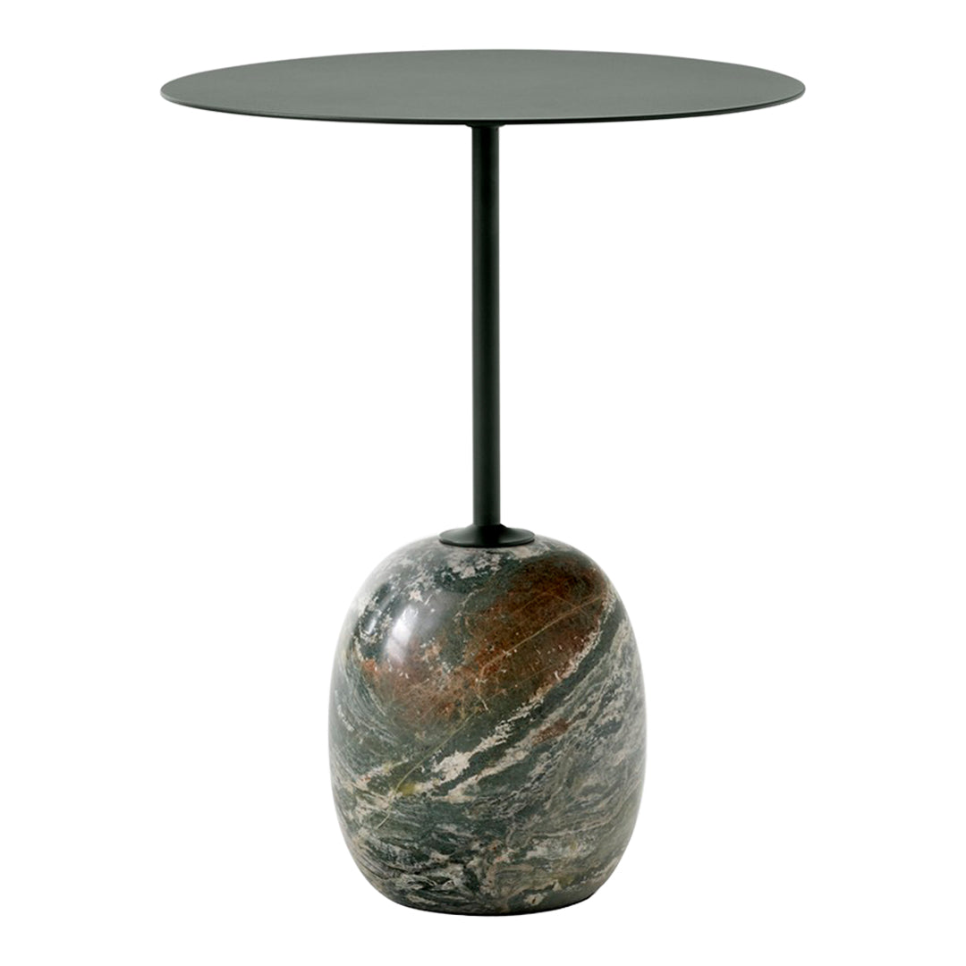 Modern black round table with a polished multi-colored marble base featuring gray, brown, and cream swirls.