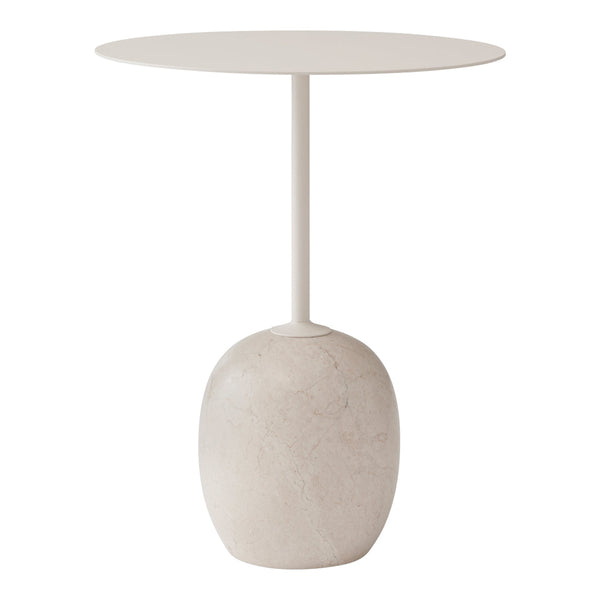 Light beige round table with a smooth circular top and a textured oval base, featuring a minimalist design.