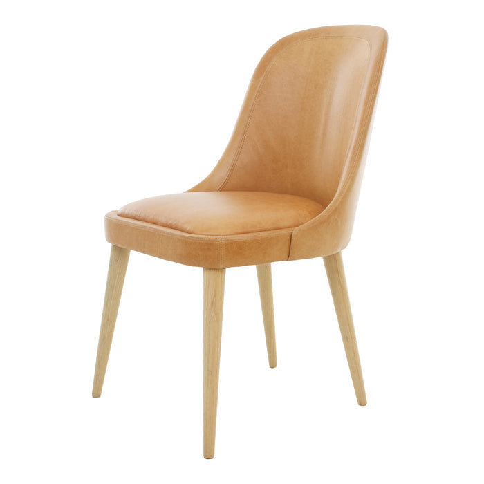 Tan leather dining chair with smooth, curvy design and natural wood legs. Modern minimalist style for any space.
