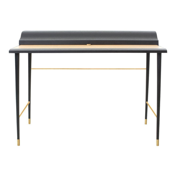 Black and gold desk with a sleek, modern design and a contrasting light wood top.
