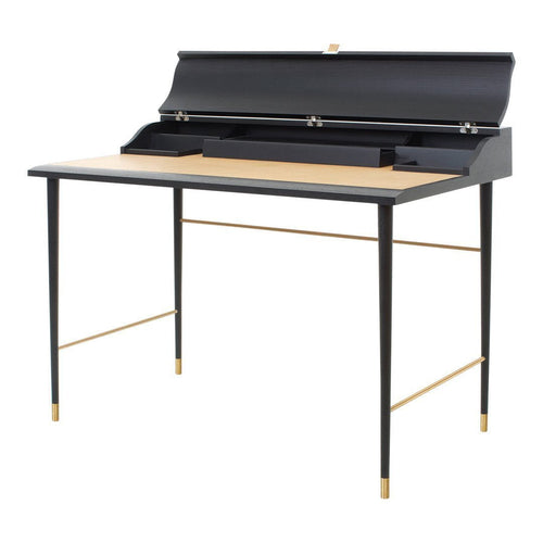 Modern black desk with a natural wood top and gold accents, showcasing a sleek, minimalist design.