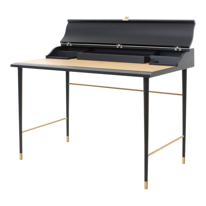 Modern black desk with a natural wood top and gold accents, showcasing a sleek, minimalist design.