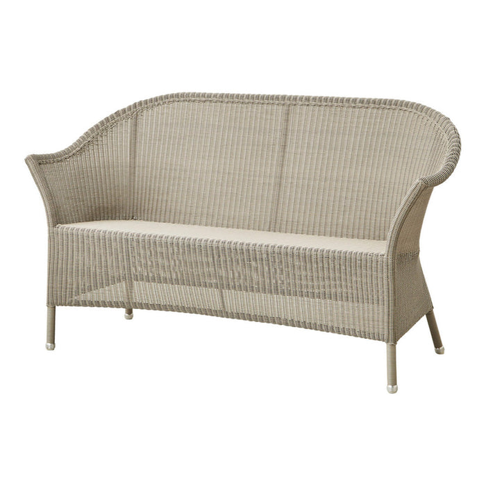 Light gray wicker loveseat with a sleek, curved design and subtle woven texture, perfect for outdoor spaces.