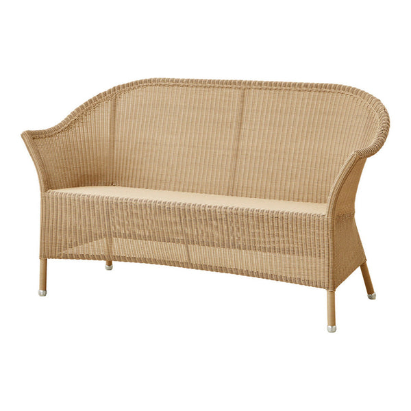 Light beige wicker loveseat with a curved design and subtle textured pattern. Ideal for outdoor or indoor seating.