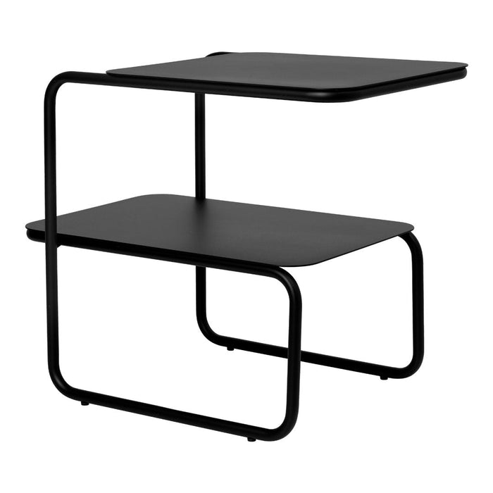 Black geometric side table with sleek, minimalist design and smooth surface on two levels. Perfect for modern decor.