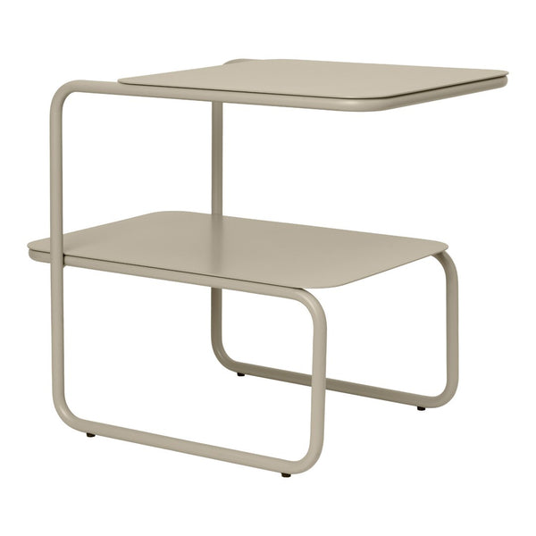Modern two-tiered side table in soft beige with sleek, minimalist lines and no visible patterns. Perfect for contemporary decor.