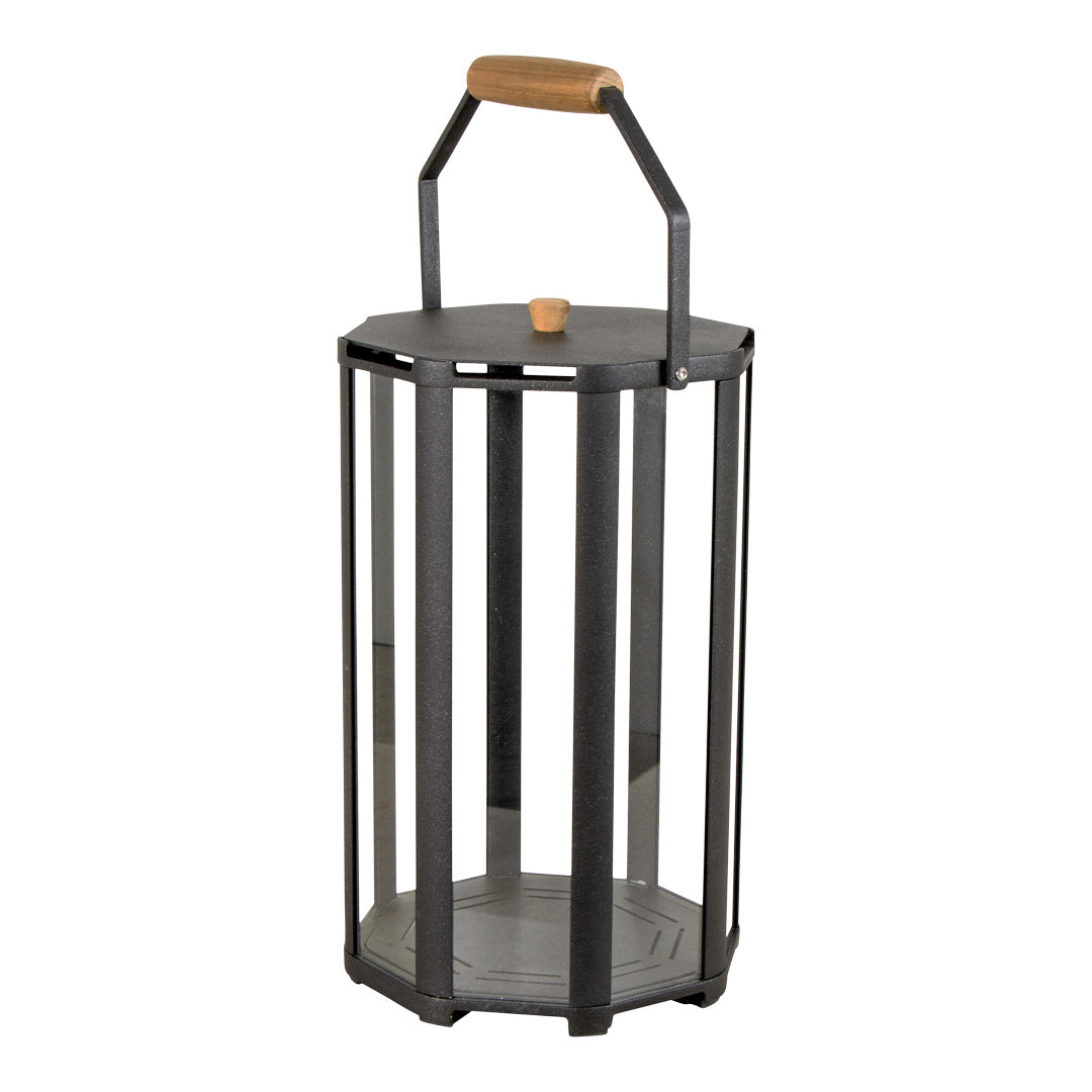 Black metal lantern with clear glass panels and a wooden handle, featuring a sleek, modern design.