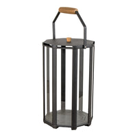 Black metal lantern with clear glass panels and a wooden handle, featuring a sleek, modern design.