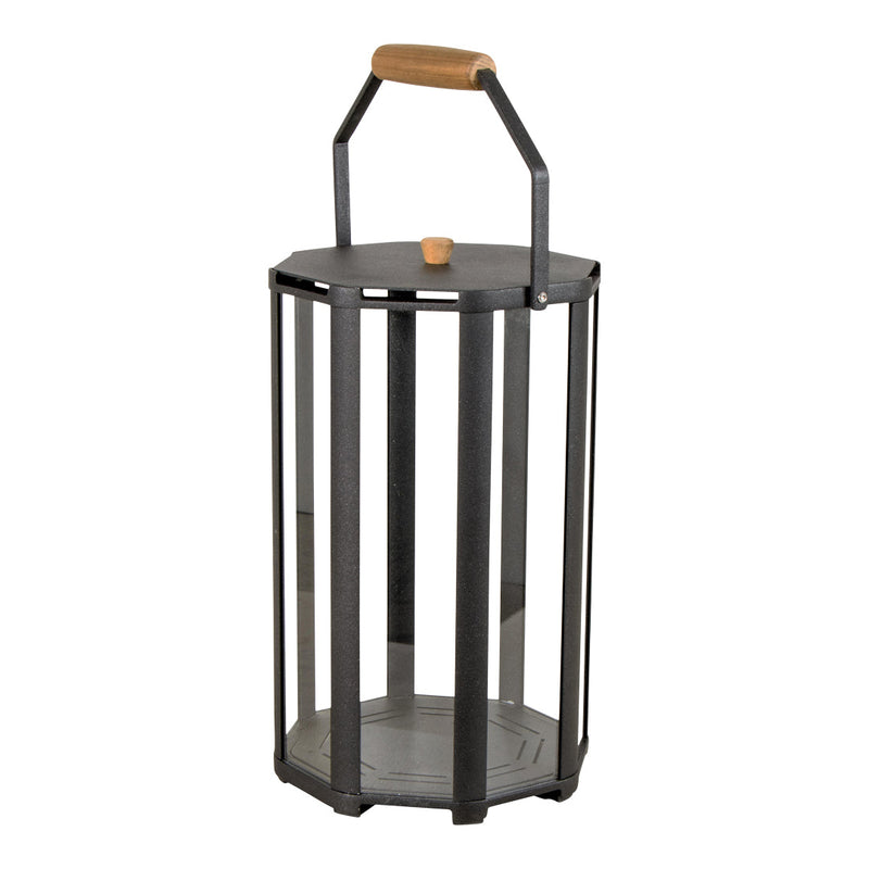 Black metal lantern with clear glass panels and a wooden handle, featuring a sleek, modern design.