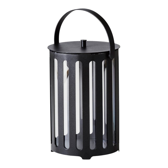 Black metal lantern with vertical slats, featuring a smooth round top and a sturdy handle for easy carrying.