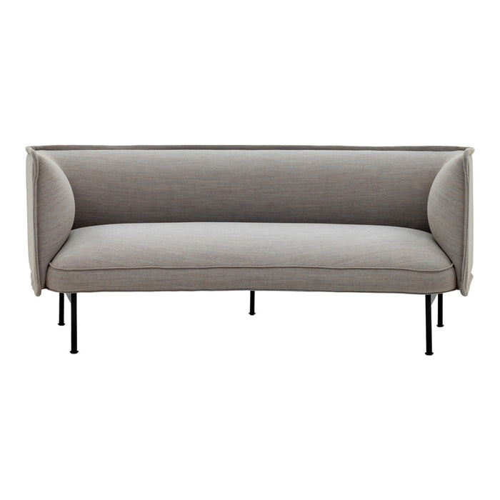 Gray upholstered sofa with a modern design and black metal legs, featuring smooth, minimalist lines.