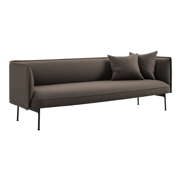 "Stylish dark brown sofa with clean lines and two matching cushions, perfect for modern interiors."