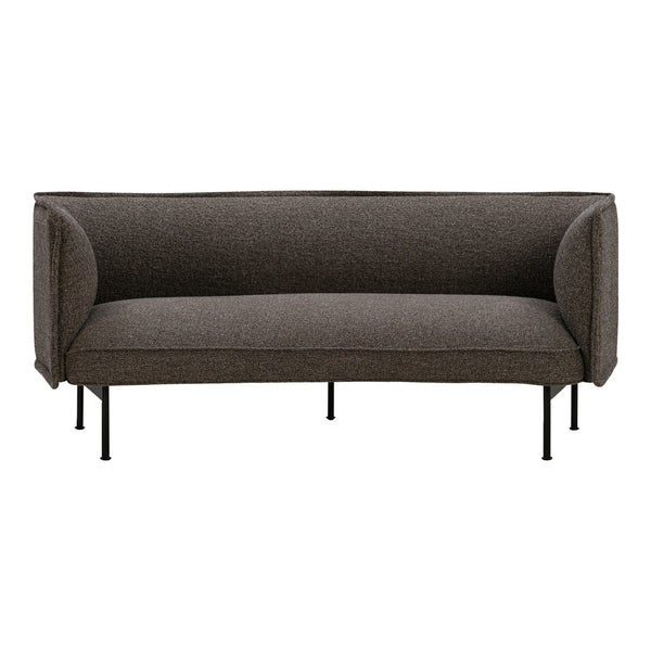 Stylish dark brown sofa with clean lines and textured fabric, featuring minimalist black metal legs.