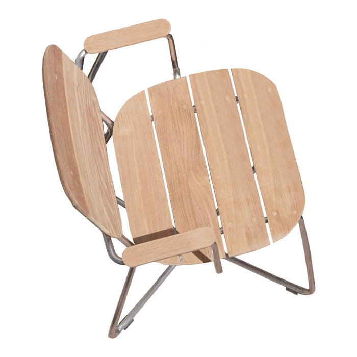 Light wood chair with a minimalist design, featuring slatted backrest and seat in a natural wood finish.