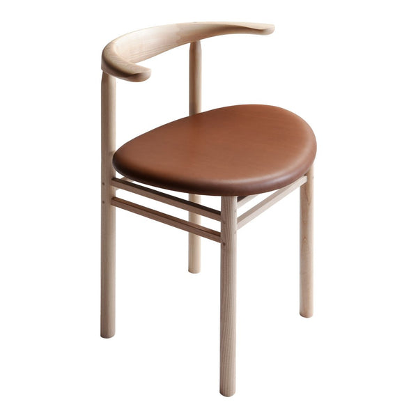 Light wood chair with a smooth, tan leather seat and a minimalist design, featuring a unique curved backrest.
