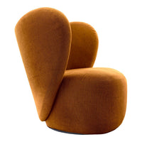 Abstract, sculptural chair in rich orange upholstery with a smooth, modern texture. Perfect for contemporary decor.