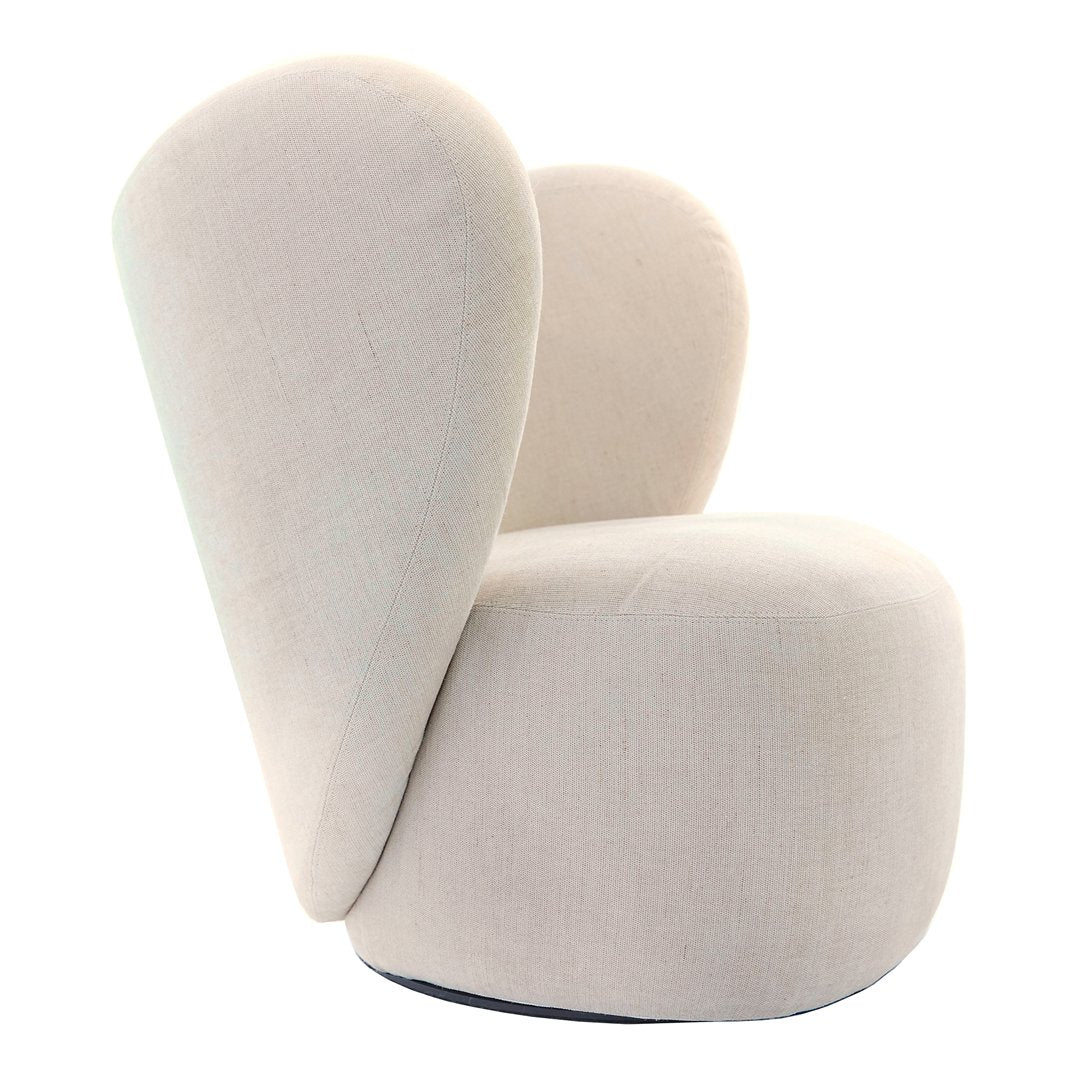 Cream-colored, plush chair with a unique, curved design and smooth texture. Perfect for modern decor.
