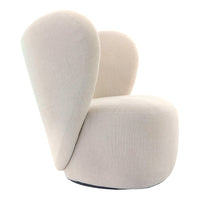 Cream-colored, plush chair with a unique, curved design and smooth texture. Perfect for modern decor.